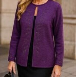Kate Hill Dark Purple 100% Wool Sweetheart Front Beaded Cardigan Size L